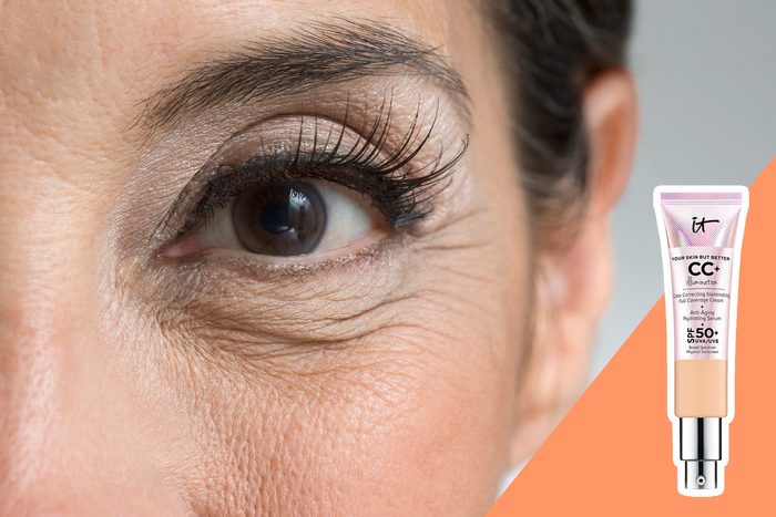 An eye looks outward, showcasing makeup detail and defined lashes; a CC cream tube with SPF 50+ is displayed beside it.