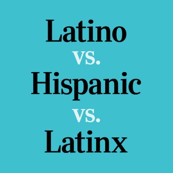 Text compares terms: "Latino vs. Hispanic vs. Latinx" on a turquoise background, emphasizing differences in cultural identifiers.