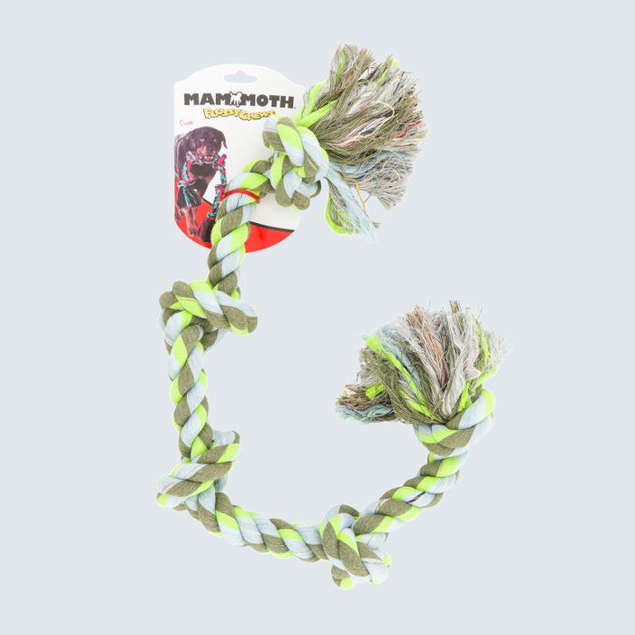 Rope toy with frayed ends hangs vertically, featuring green and white strands. A label reads 