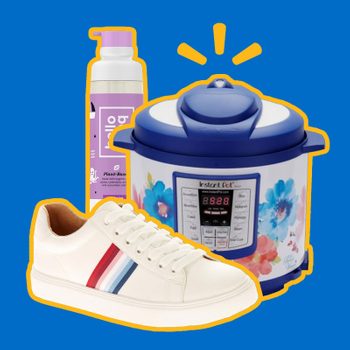 Pressure cooker displays digital controls; white sneaker sits nearby; purple bottle labeled â€œPlant-Basedâ€ stands upright; blue background frames items.
