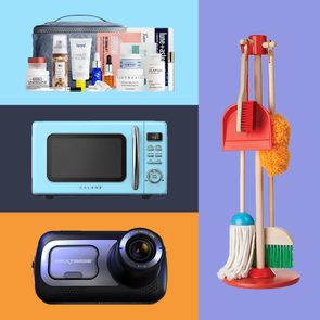 Four images display: skincare products in a bag, a blue microwave, a dash camera, and cleaning tools on a stand.