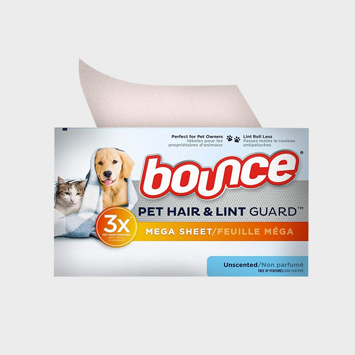 Box displays pet-themed laundry sheets, featuring a cat and dog wrapped in a blanket. Text highlights "Bounce Pet Hair & Lint Guard Mega Sheet."