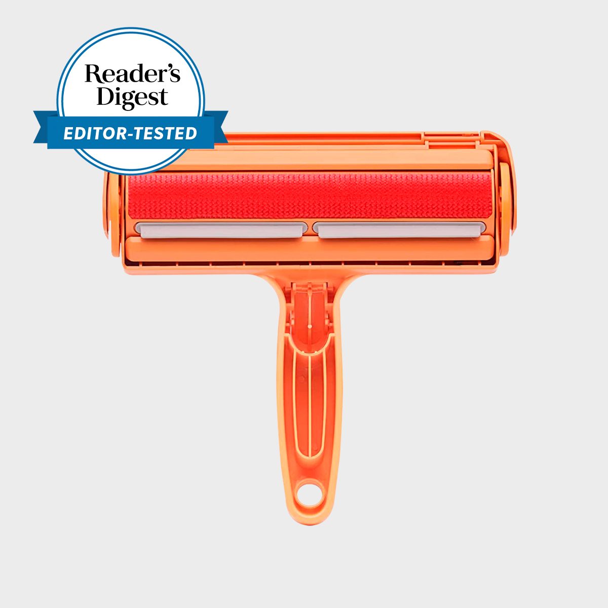 Roller featuring an orange handle and red cleaning surface, displayed against a light gray background with "Reader's Digest Editor-Tested" badge in the corner.