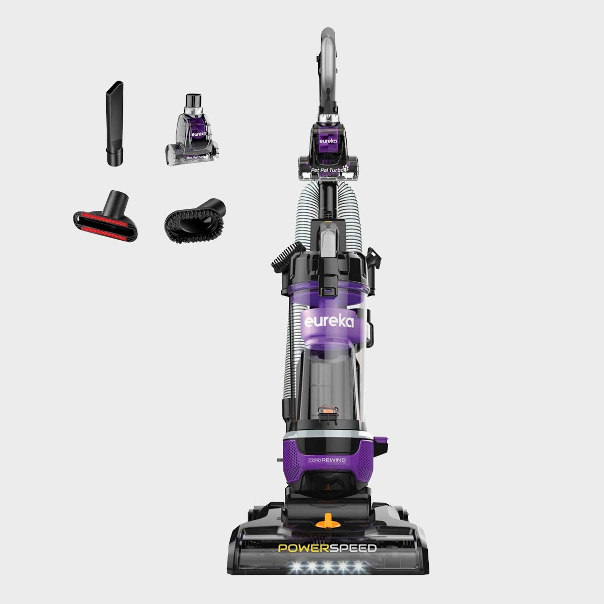 Vacuum cleaner stands upright with four attachments displayed; labeled "Eureka" and "PowerSpeed" on a plain white background.