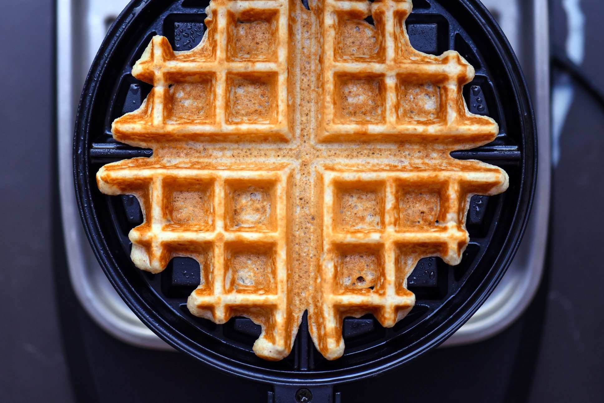 Waffle in waffle maker from above
