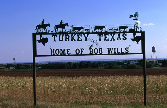 A sign for Turkey Texas, capital of Western Swing music and home of the country musician Bob Wills