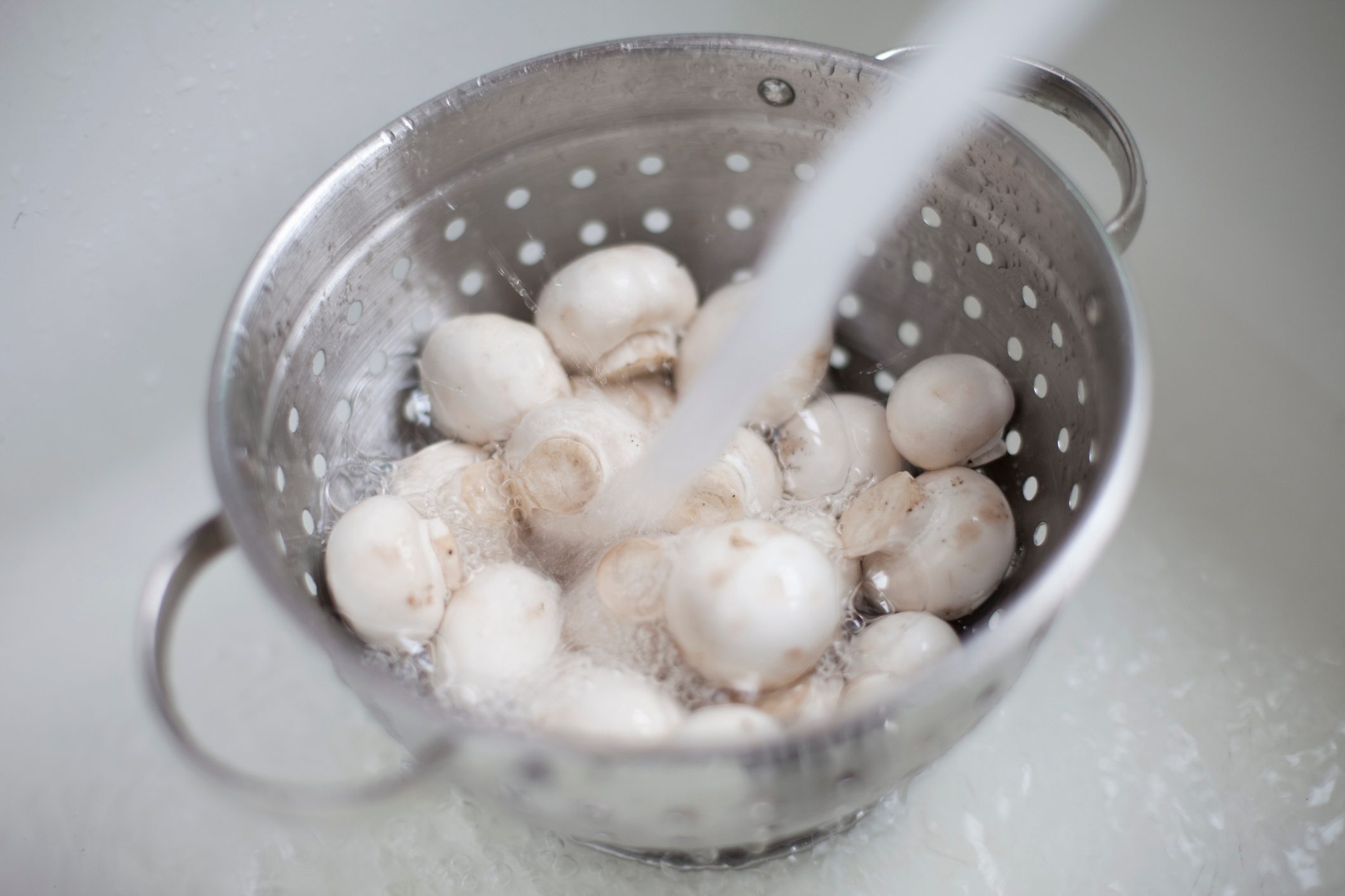 mushrooms being washed in sink