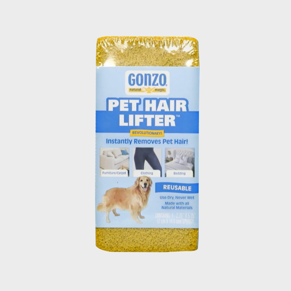 Package showcases "Gonzo Pet Hair Lifter" removing hair from furniture, clothing, bedding; features dog image, highlighted text on usability and natural materials.