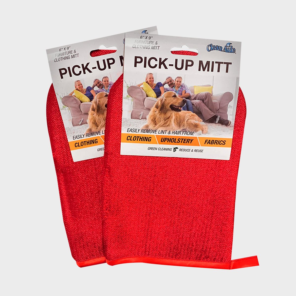 Two red mitts are displayed, designed for removing lint and hair. Packaging features a family and dog on a couch, highlighting fabric cleaning.