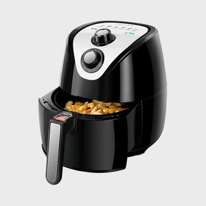 Black air fryer cooking fries, placed on a light gray background with controls visible on top.