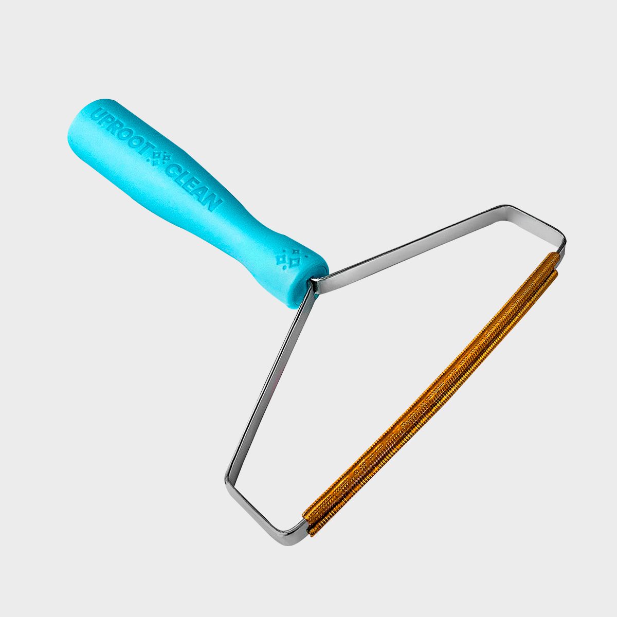 A blue-handled lint remover with a triangular metal frame and brass-finished scraper is positioned on a plain white background.