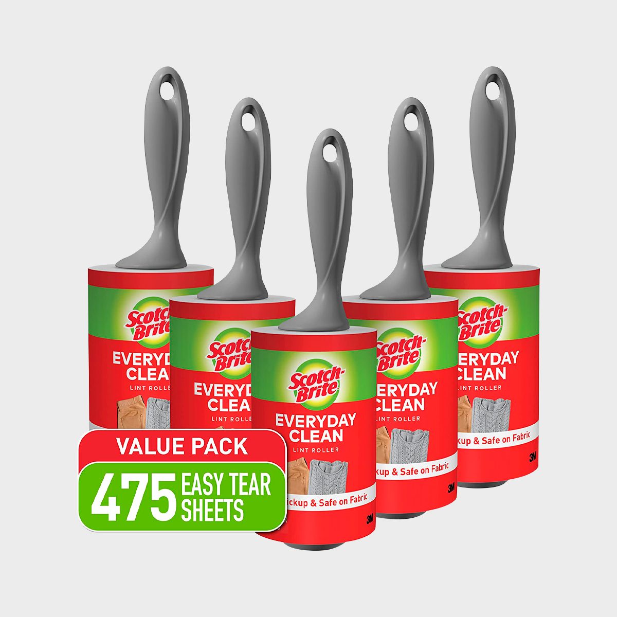 Lint rollers stand upright with gray handles, advertising "Scotch-Brite Everyday Clean." Text highlights "Value Pack, 475 Easy Tear Sheets."