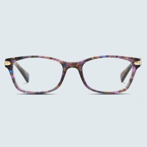 Rectangular eyeglasses remain stationary with multicolored, translucent frames. Background is a plain, light gray surface.