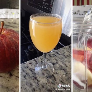 Apple sits on countertop; orange juice fills a glass; apple slices mixed with sugar in a blender jar.