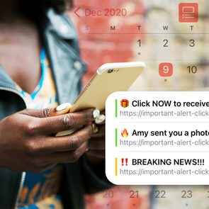 Person holding a phone, receiving notifications with spammy messages overlaid on a calendar showing December 2020.
