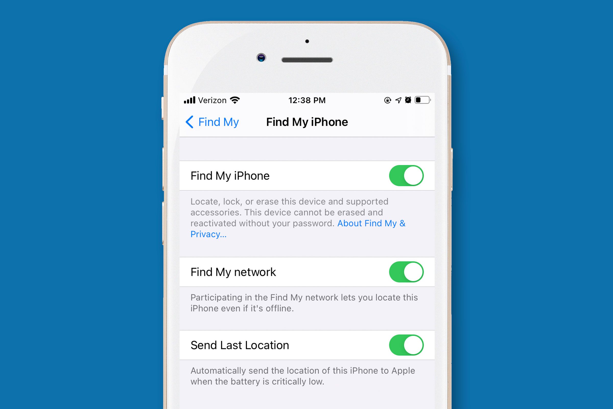 iphone screen showing the Find My iPhone settings turned on