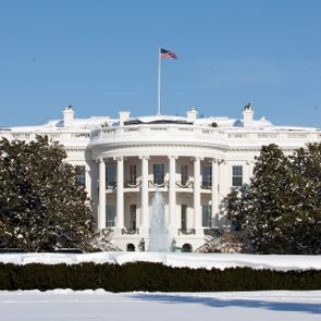A large, white, neoclassical building stands with a flag on top, surrounded by snow-covered trees and bushes on a clear day.
