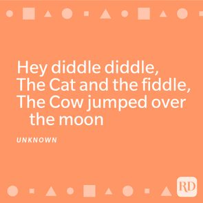 Text displays a nursery rhyme on an orange background with geometric shapes bordering the top and bottom.