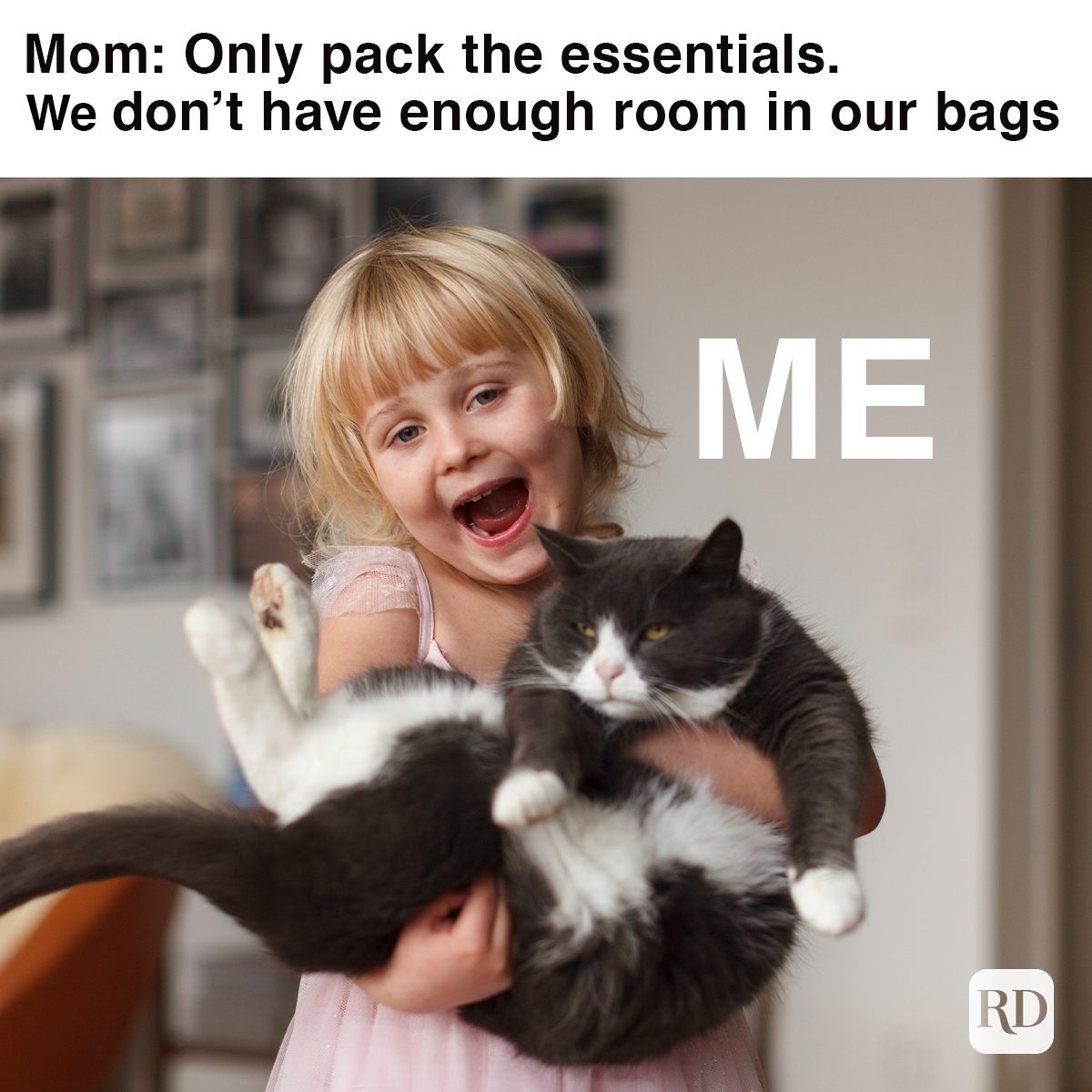 excited blonde girl holding fat tuxedo cat