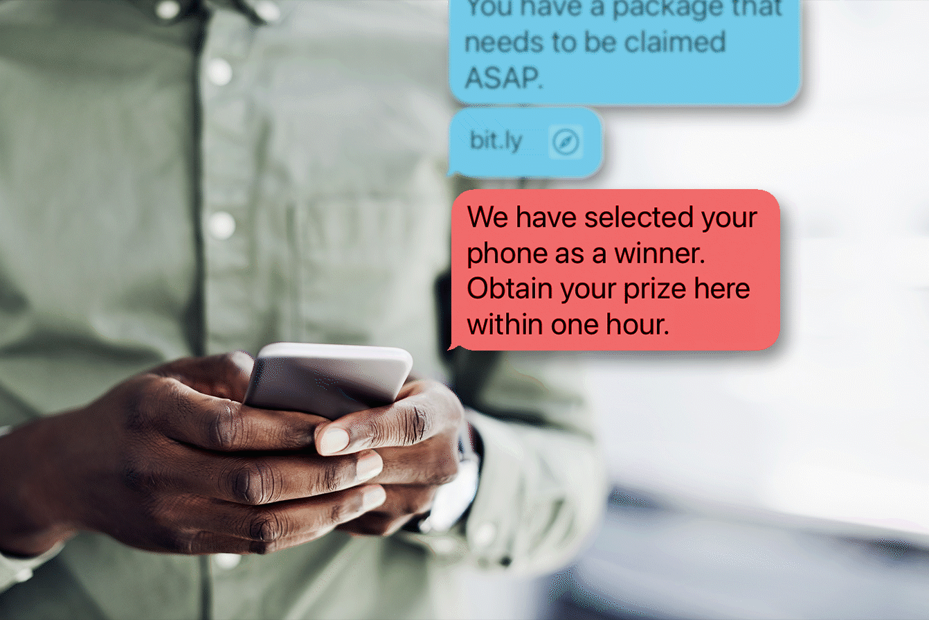 Person holding smartphone, reading scam text messages about winning a prize and claiming a package. Background is a blurred, light-colored setting.