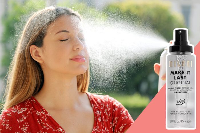 Woman enjoys face mist outdoors; labeled setting spray bottle appears in corner. Text: 