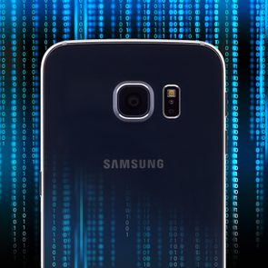 A smartphone shows its back camera, surrounded by digital binary code in a blue matrix-like background. Text: 