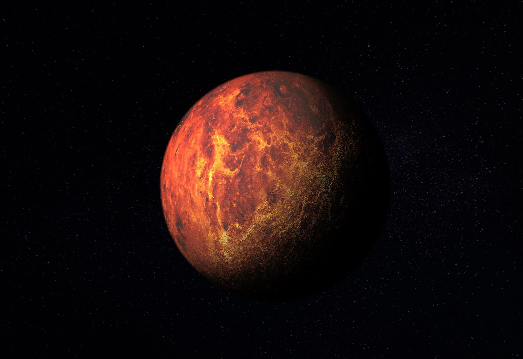 A fiery, orange-red planet rotates serenely in the vastness of space, surrounded by countless tiny stars in the dark void.