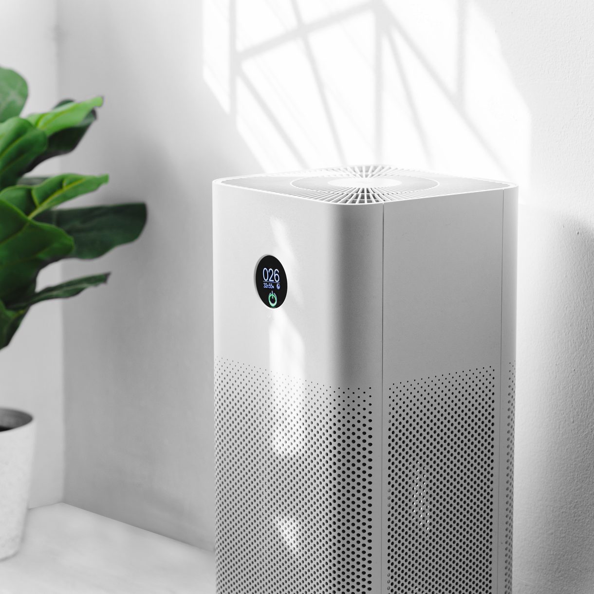 Air Purifier A Living Room, Air Cleaner Removing Fine Dust In House. Protect Pm 2.5 Dust And Air Pollution Concept
