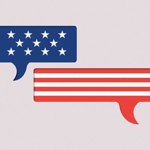 Two speech bubbles featuring American flag elements, stars, and stripes, positioned against a plain gray background.