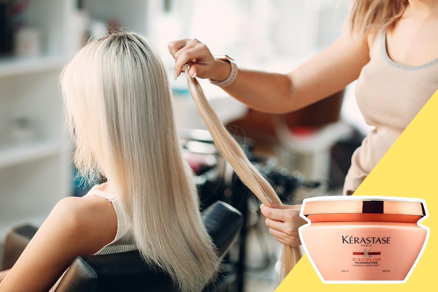 Hairdresser combs long blonde hair in a salon; KÃ©rastase Discipline Maskeratine product featured in the foreground.