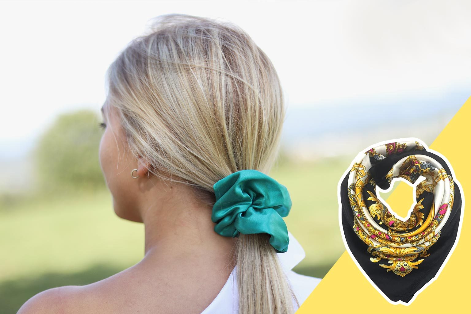 A woman with blonde hair wears a teal scrunchie outdoors; a decorative scarf is displayed on a yellow background to the side.