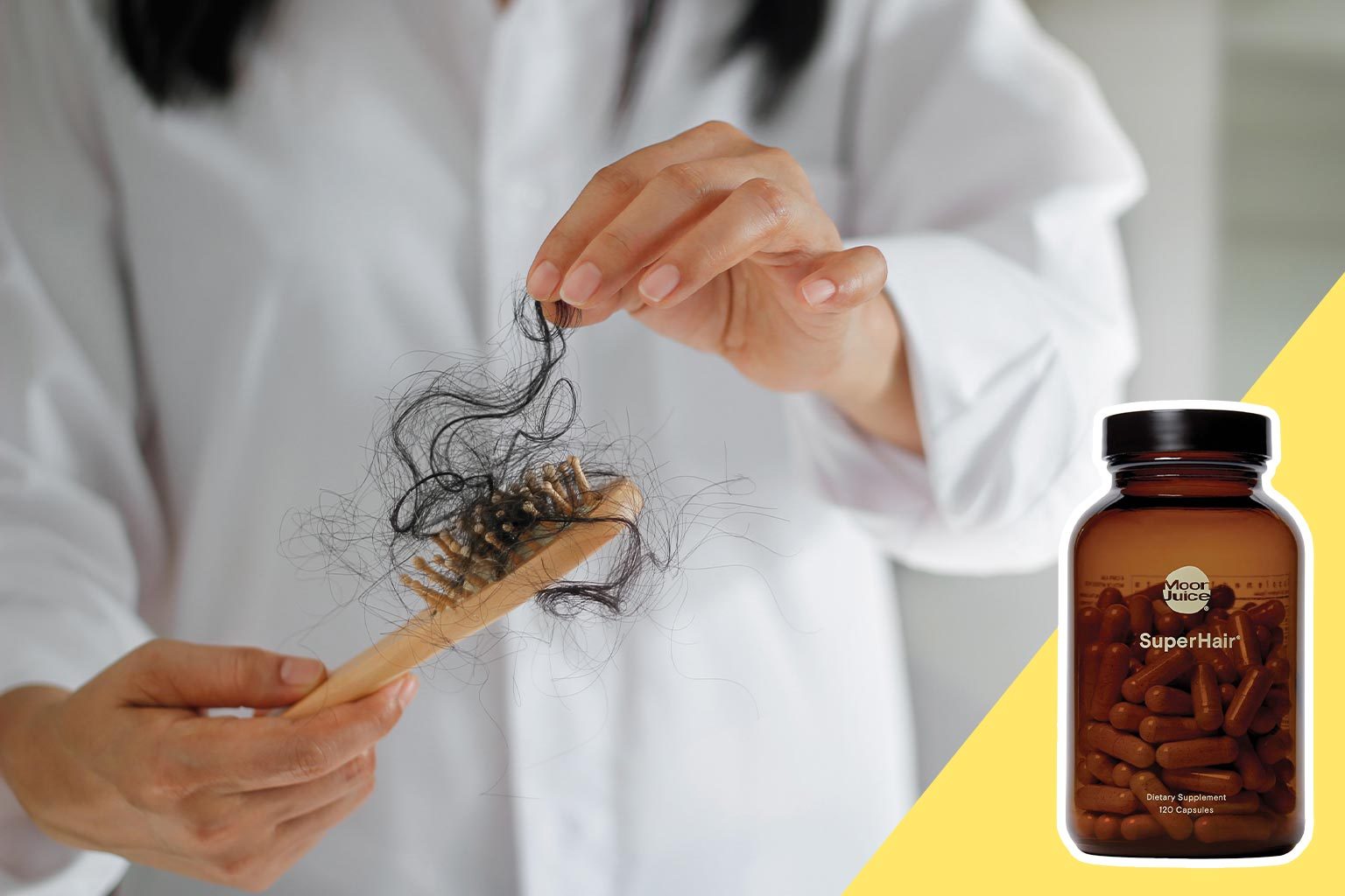 A hand removes tangled hair from a wooden brush; a bottle labeled â€œSuperHairâ€ supplements appears beside, all against a soft background.