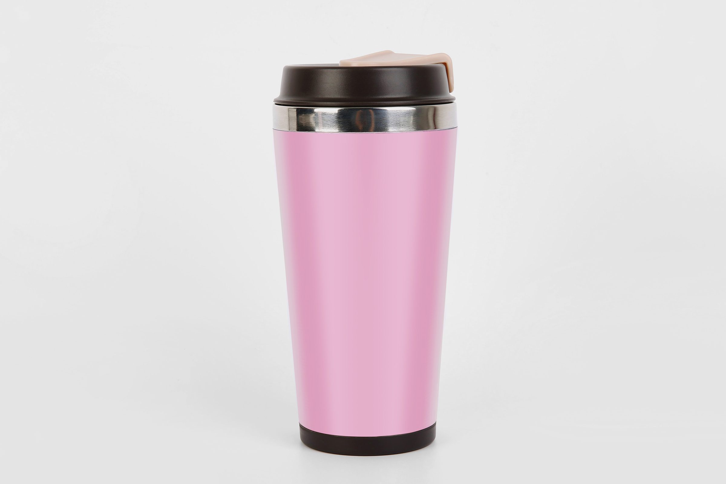 pink travel mug on a gray background