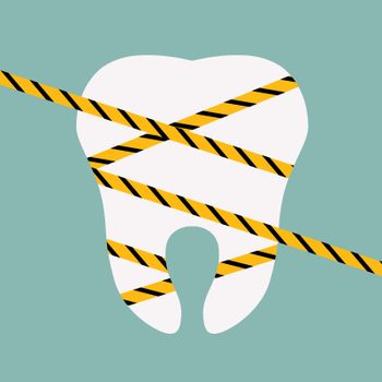 A white tooth is wrapped with yellow and black caution tape on a teal background.