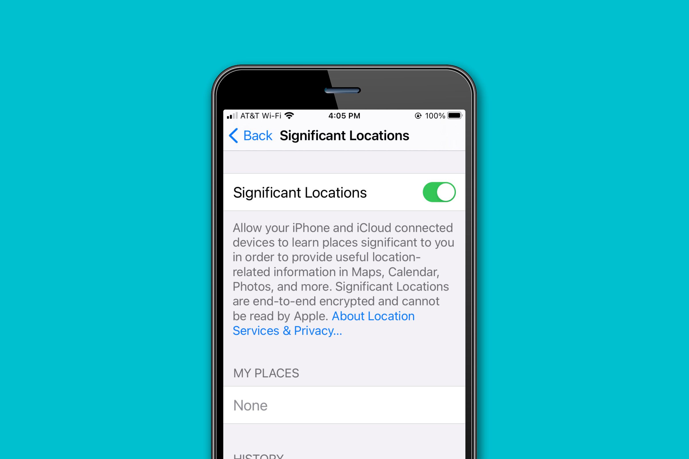 Phone screen from privacy menu in location settings, showing significant locations