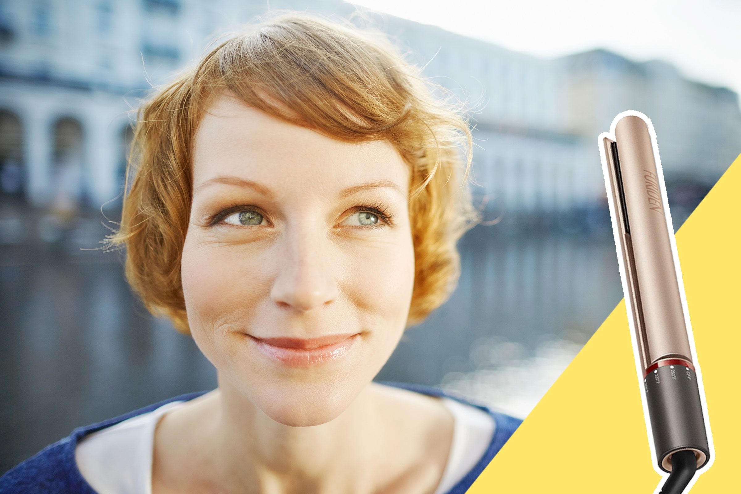 A smiling woman gazes sideways, outdoors, with a hair straightener overlapping the image on the right.