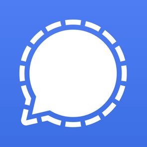 White speech bubble outlined with dashes, centered on a blue background.