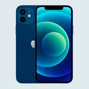 Smartphone displaying abstract blue-green circles against a white background; positioned with back and front views visible, highlighting the camera and screen design.