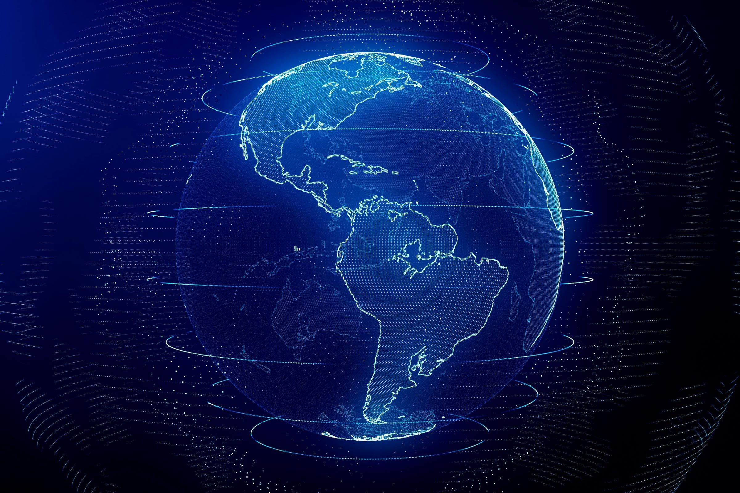 A digital globe rotates, highlighted with glowing blue lines, against a dark, starry background.