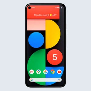 Smartphone displays colorful geometric wallpaper, icons at the bottom, and weather status at the top in a minimalist style against a light background.