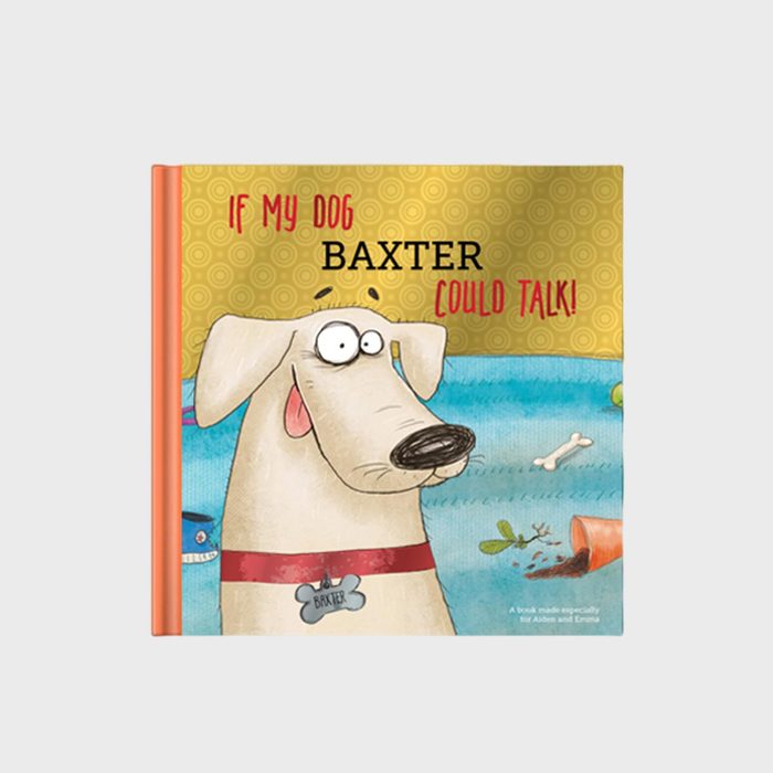 Cartoon dog stands against a patterned background, wearing a red collar. Text reads 