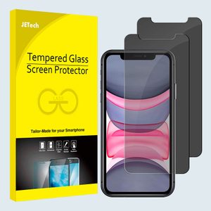 Phone screen protector displayed on a smartphone next to yellow packaging labeled 