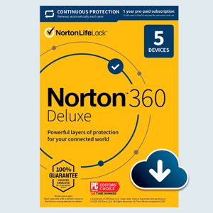 Box displays Norton 360 Deluxe software offering protection; features include 