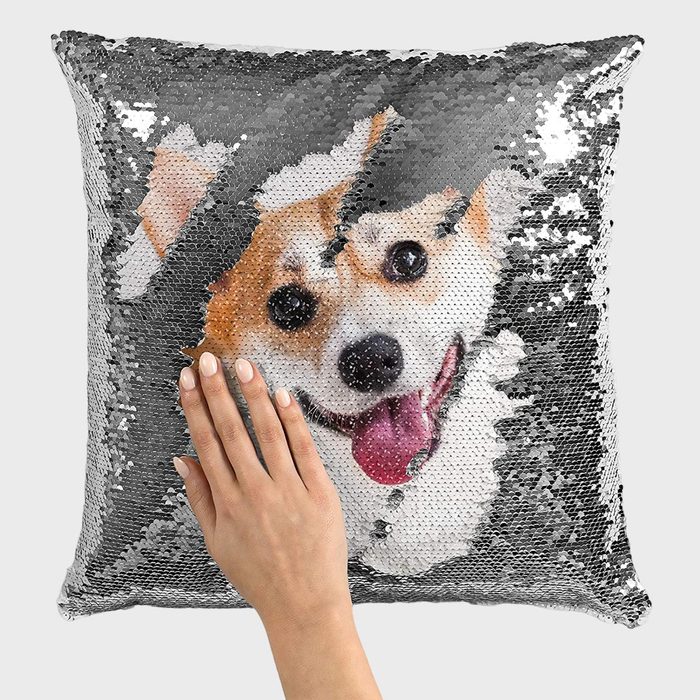 Hand swipes shimmering sequined pillow, revealing a smiling dog underneath. Set against a plain gray background.