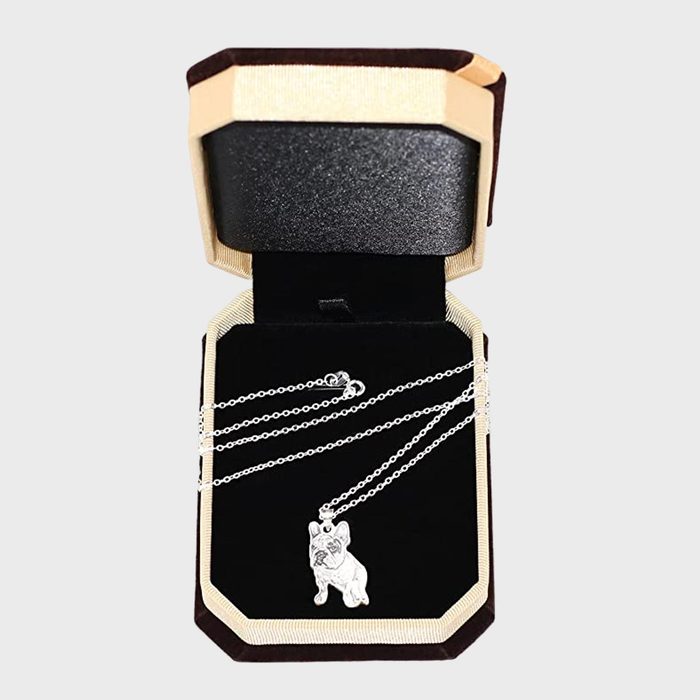 A silver dog pendant necklace rests inside a black velvet jewelry box with a hinged lid, surrounded by a soft beige lining.