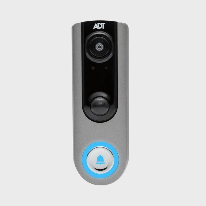 Video doorbell with a camera and button, labeled 