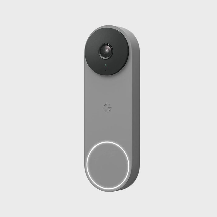 A sleek, gray smart doorbell with a camera lens at the top, mounted on a plain light background. A 
