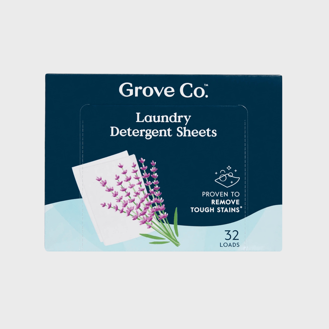 Box contains laundry detergent sheets illustrated with lavender, labeled 