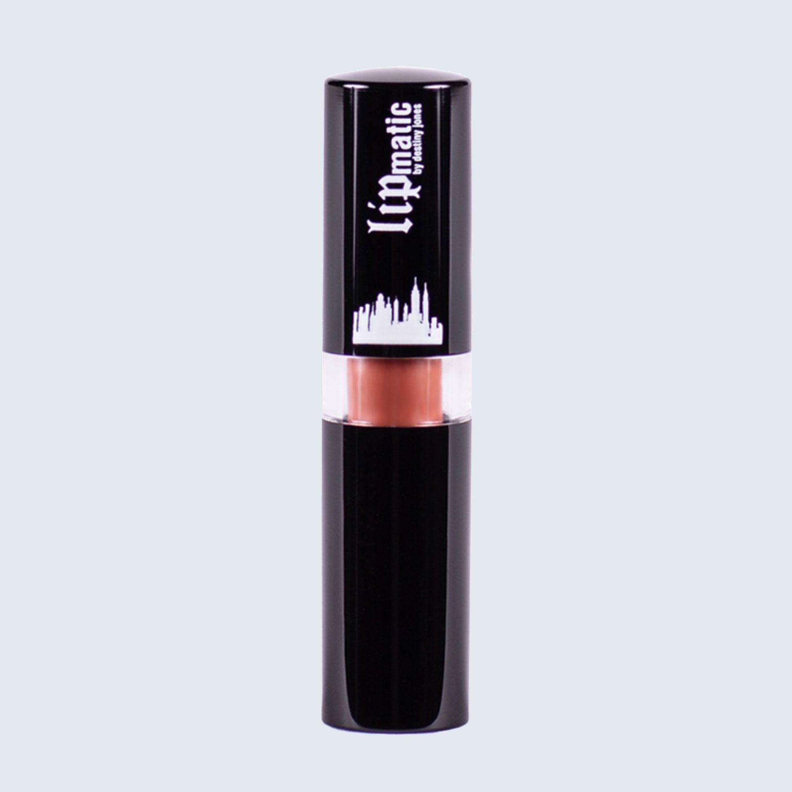 Lipstick tube stands upright, displaying "Lipmatic" text in white, with a silhouette design. It's set against a plain, light background.