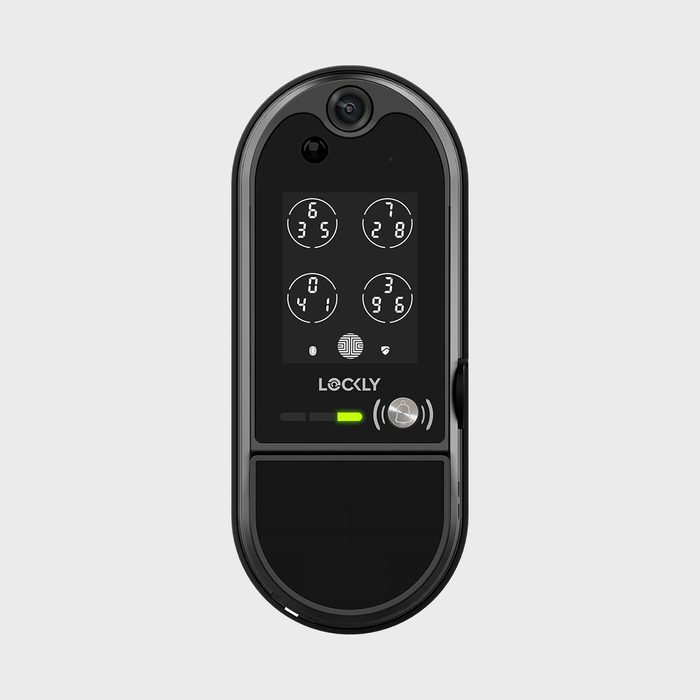 Smart lock displaying digital keypad numbers on a touchscreen interface in a sleek, modern design.